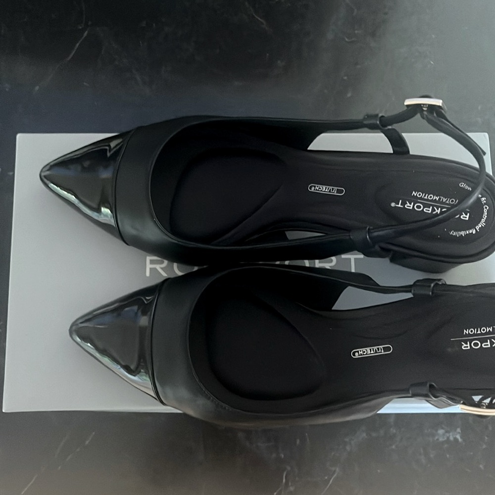 Size 8.5  Rockport leather sling backs. Black with patent leather front like new